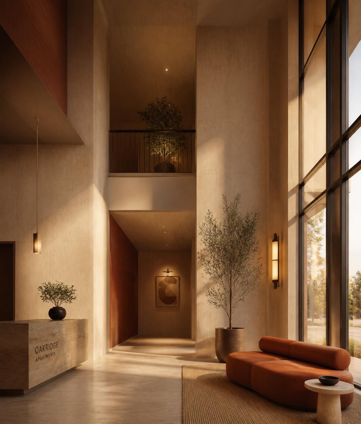Warme, minimalistische entree van een modern woongebouw