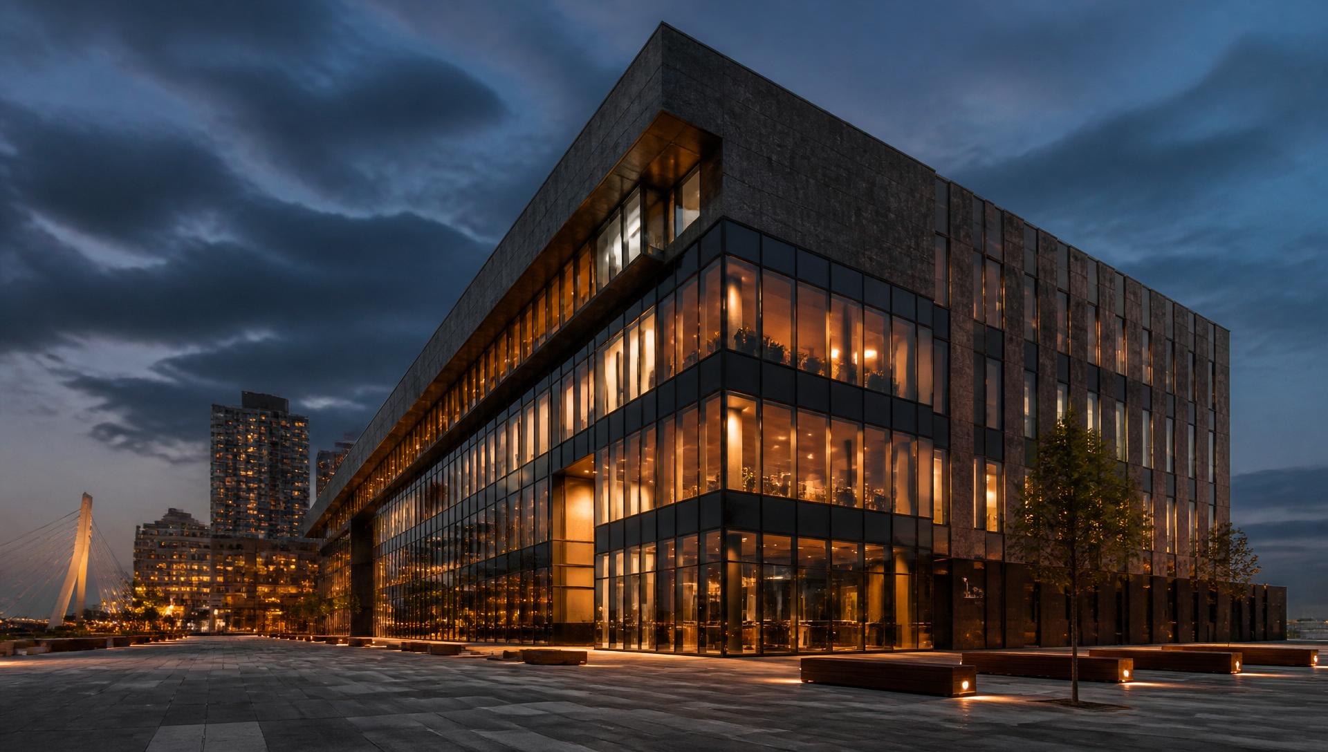 Modern multi-tenant kantoorgebouw bij avondlicht