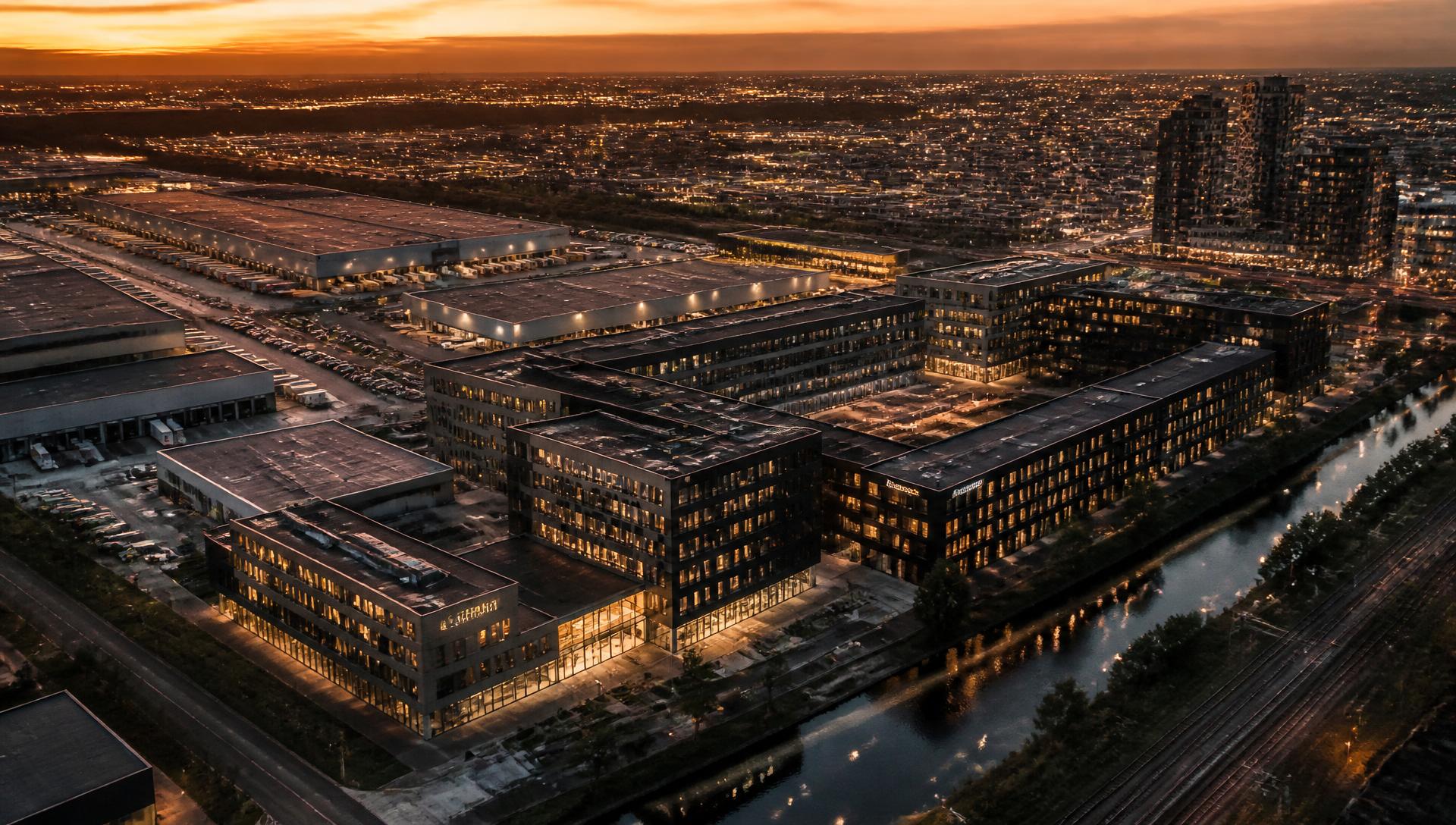 Stedelijk logistiek- en kantoorgebied vanuit de lucht bij zonsondergang