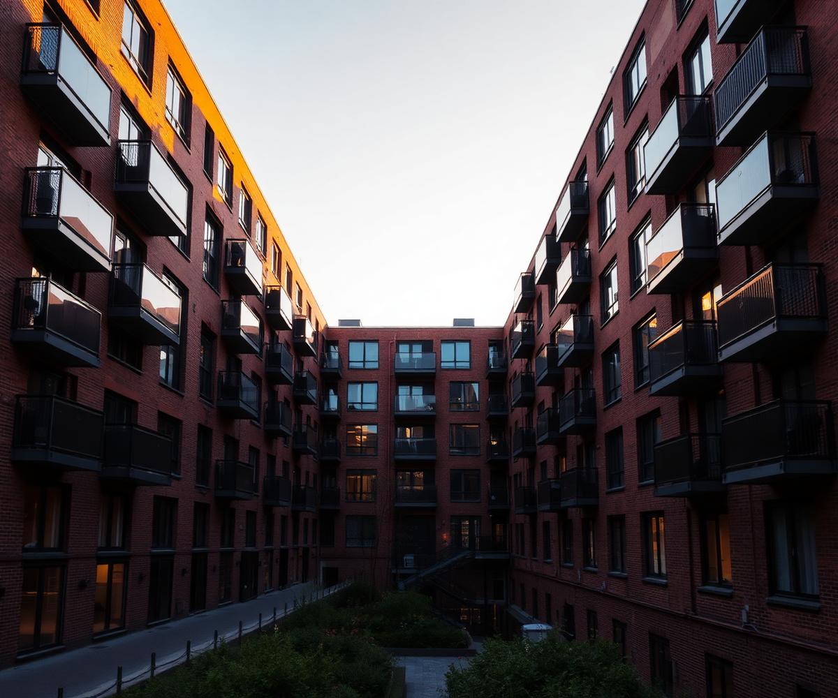 Bakstenen appartementencomplex met balkons in Amsterdam