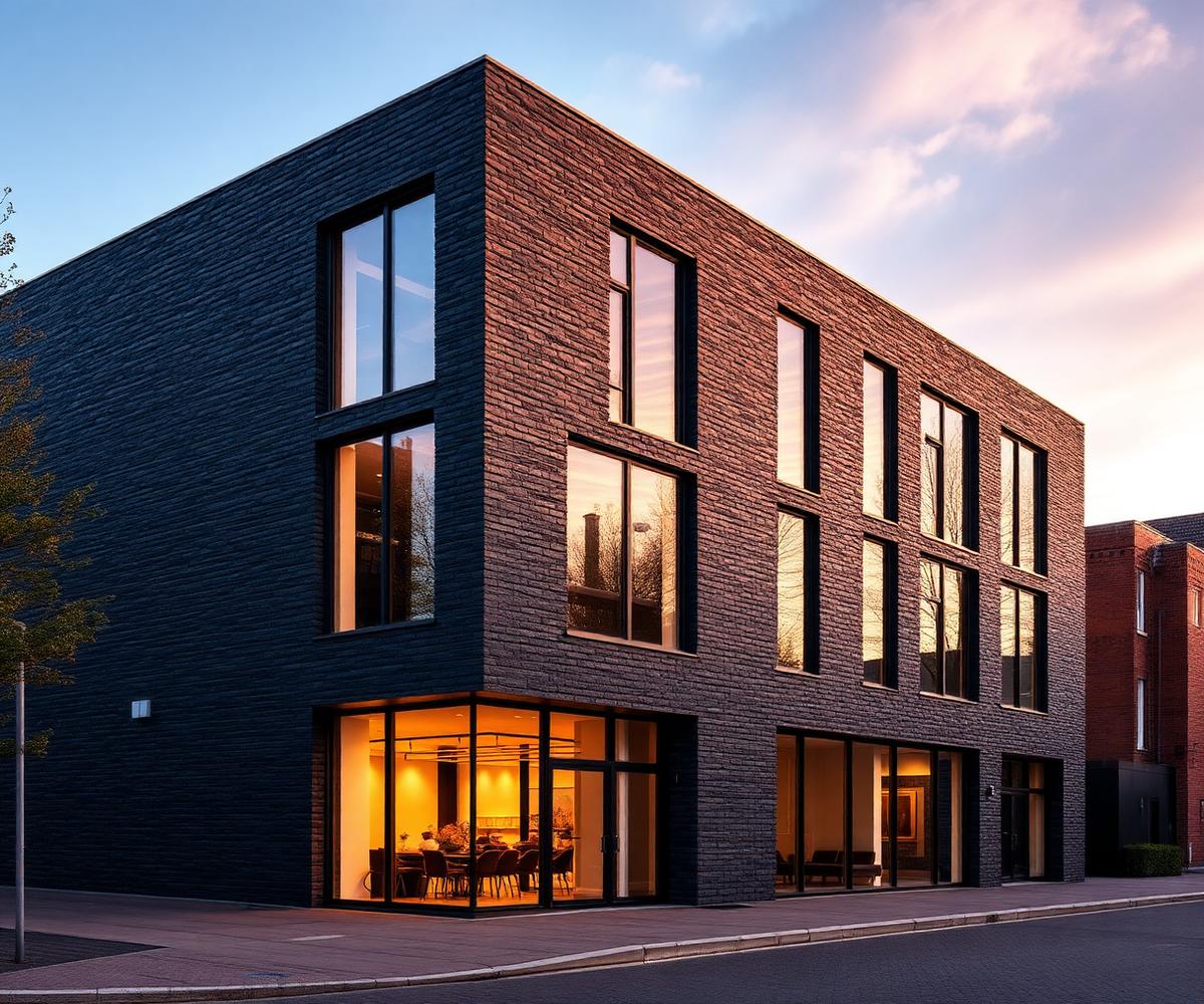 Modern kantoorgebouw met donkere baksteengevel