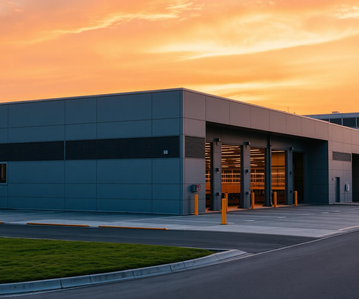 Modern stedelijk logistiek distributiecentrum bij zonsondergang